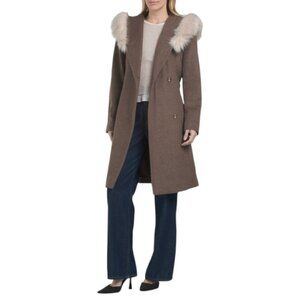 COLE HAAN Portabella Wool Blend Faux Fur Trim Wrap Coat
